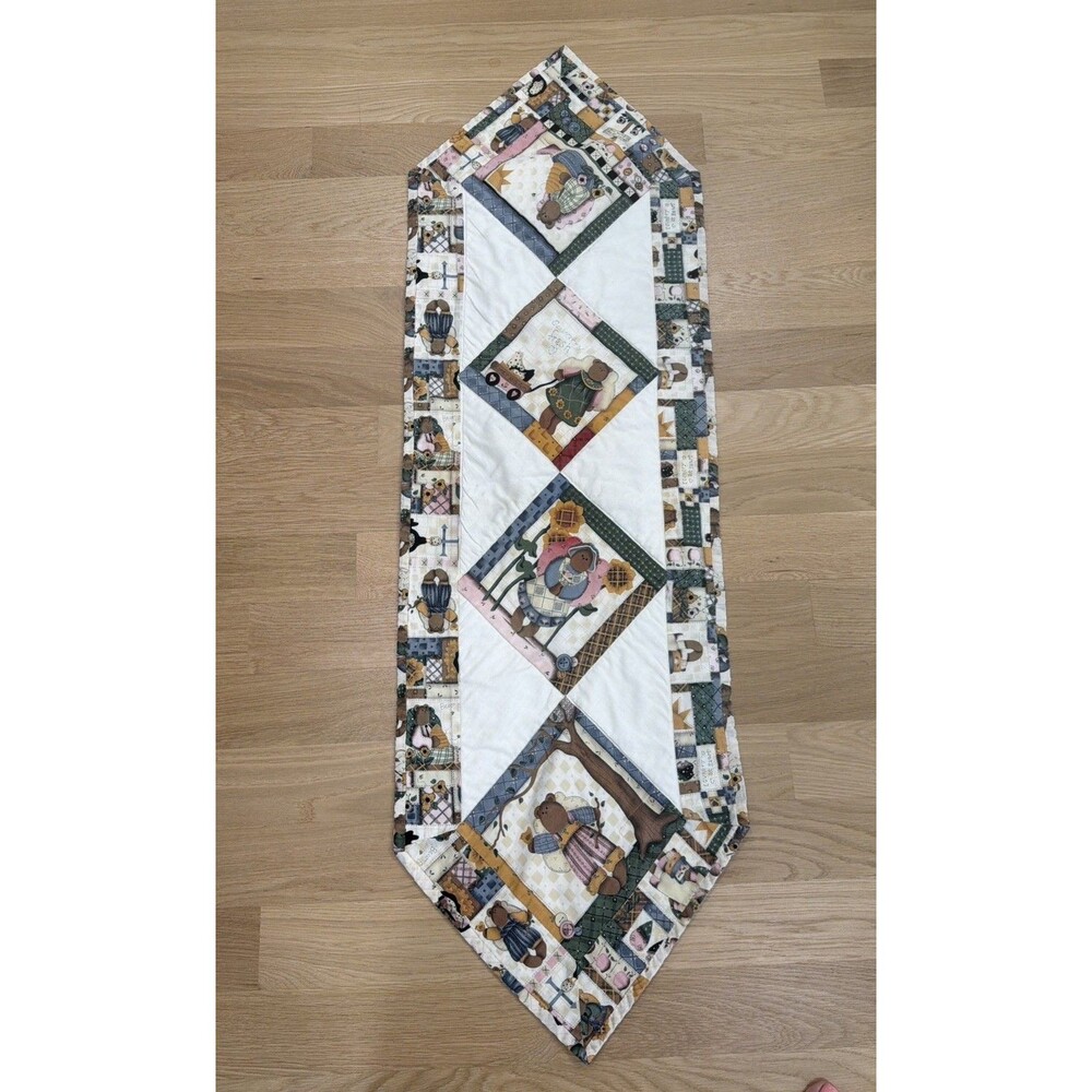 Handmade Quilted Table Runner Teddy Bear Reversible Fall Country Farmhouse Decor